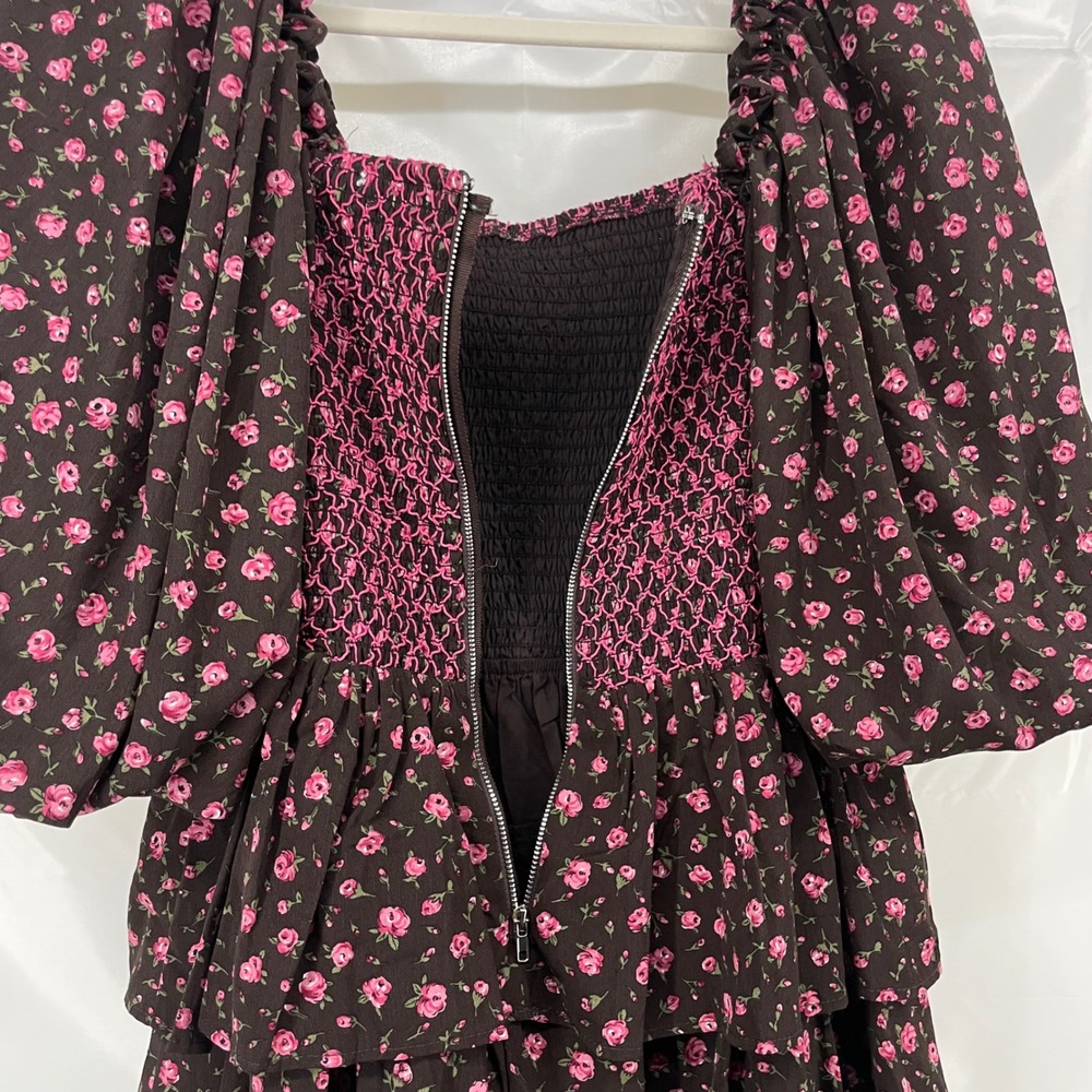 Sofie the label Size S Mini Dress Brown Pink Floral Smocked Puff Sleeve Coquette - Picture 4 of 6